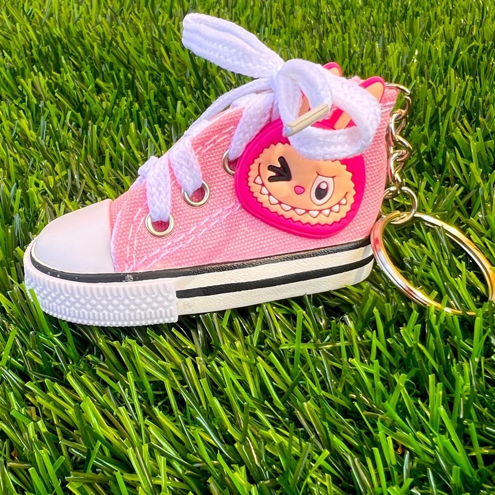 Smiley Monster on Pink Lace Up Hi Top Tennis Shoe Keychain Purse Charm